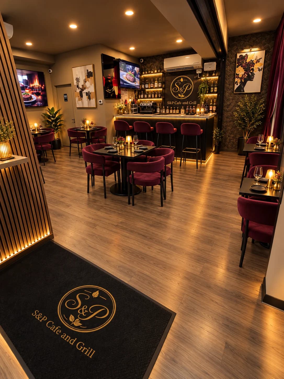 Evening interior concept with burgundy chairs, warm table lamps, and dark wood finishes.