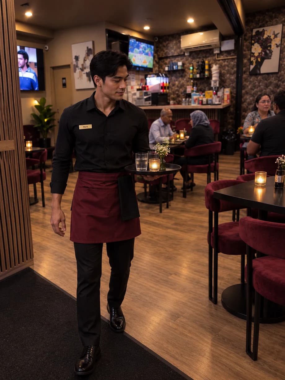 Service uniform concept with a black shirt and burgundy waist apron.
